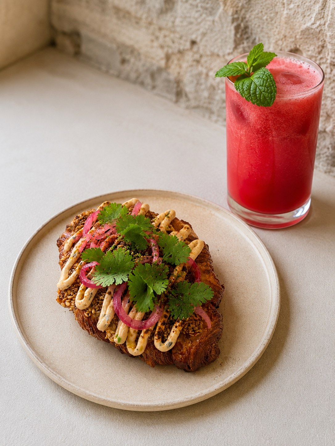 Crispy za’atar croissant, shrimp & toasted sesame